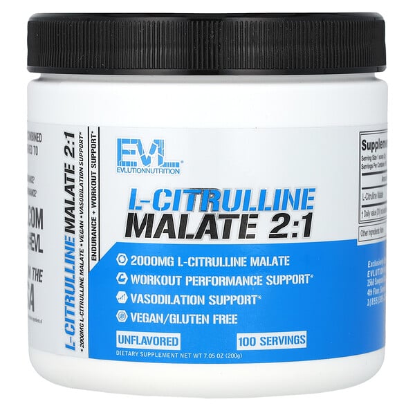 L-цитруллин малат 2:1, без вкуса, 7,05 унций (200 г) EVLution Nutrition