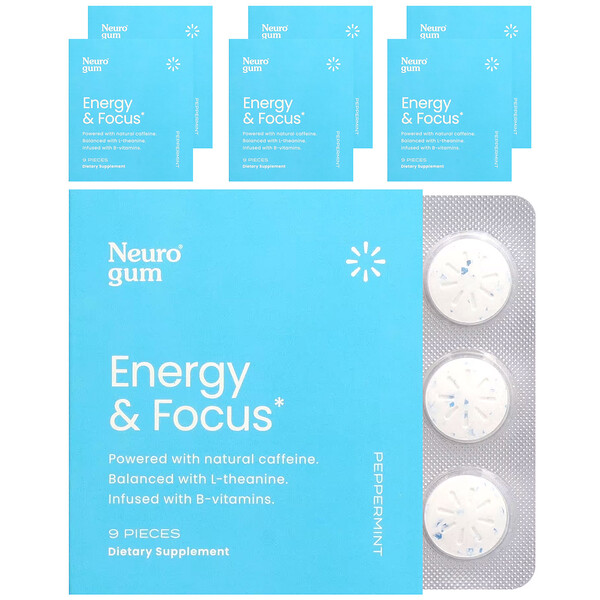 Energy & Focus, Мята, 6 штук в упаковке, по 9 штук в каждой NeuroGum