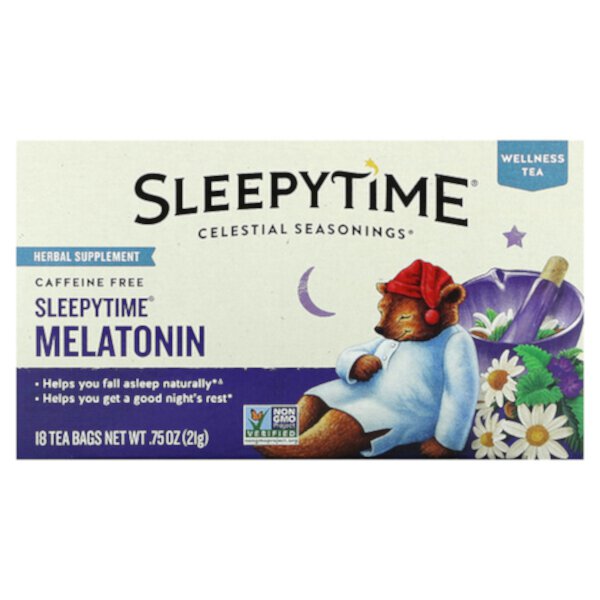 Wellness Tea, Sleepytime Melatonin Tea, Caffeine Free, 18 Tea Bags, 0.75 oz (21 g) Celestial Seasonings