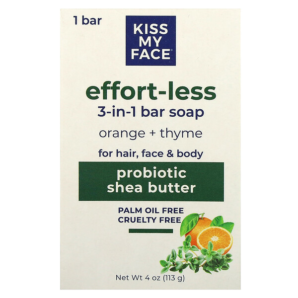 Мыло Effort-Less 3-в-1, апельсин + тимьян, 1 брусок, 4 унции (113 г) Kiss My Face
