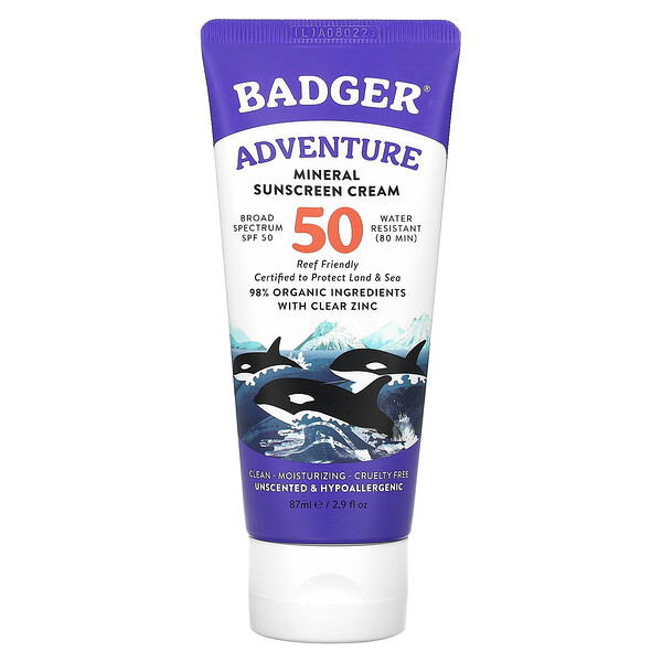 Adventure, Минеральный солнцезащитный крем, SPF 50, без запаха, 2,9 жидких унции (87 мл) Badger Basket