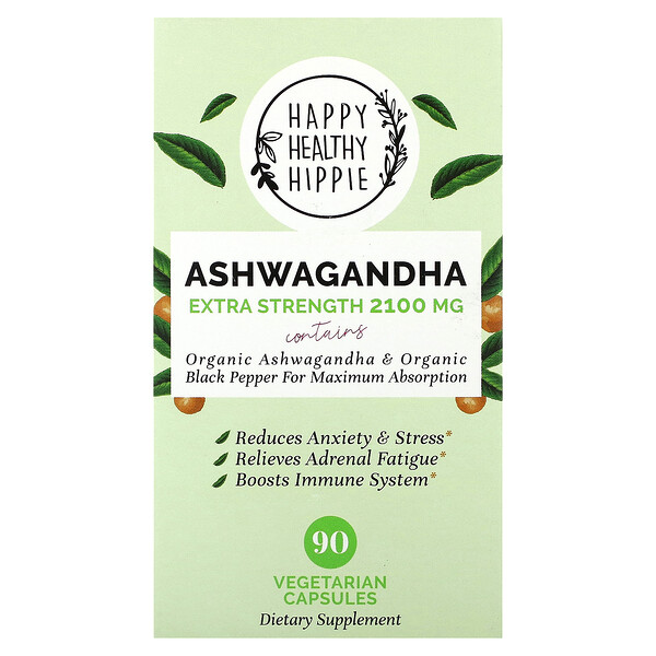 Ashwagandha, Extra Strength, 2100 мг, 90 вегетарианских капсул Happy Healthy Hippie