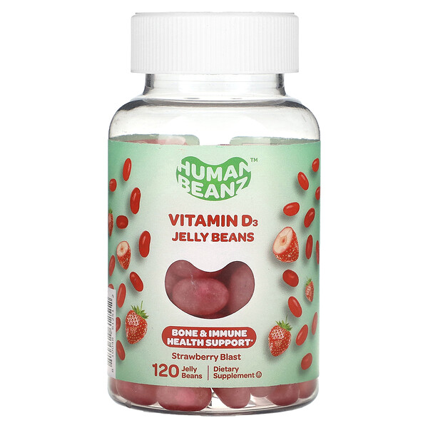 Желейные бобы с витамином D3, Strawberry Blast, 120 жевательных конфет Human Beanz