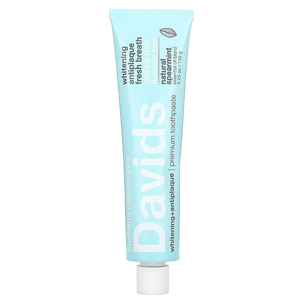 Зубная паста премиум-класса, отбеливание + защита от зубного налета, натуральная мята, 5,25 унции (149 г) Davids Natural Toothpaste