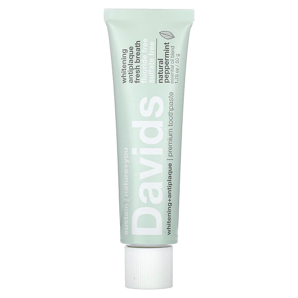 Зубная паста премиум-класса, отбеливание + защита от зубного налета, натуральная перечная мята, 1,75 унции (50 г) Davids Natural Toothpaste