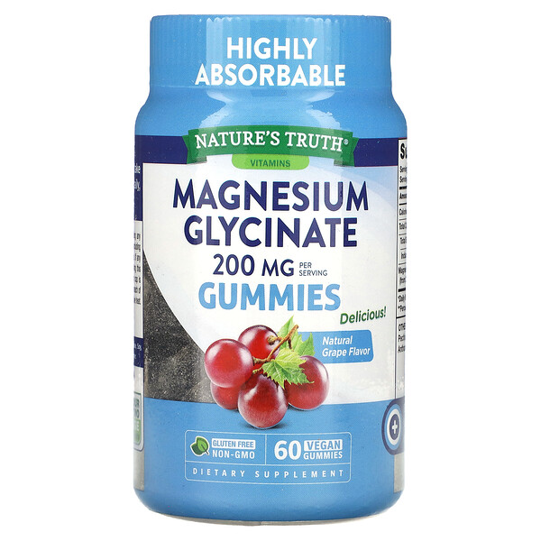 Магний Глицинат - 200 мг - 60 веганских жевательных конфет - Nature's Truth Nature's Truth