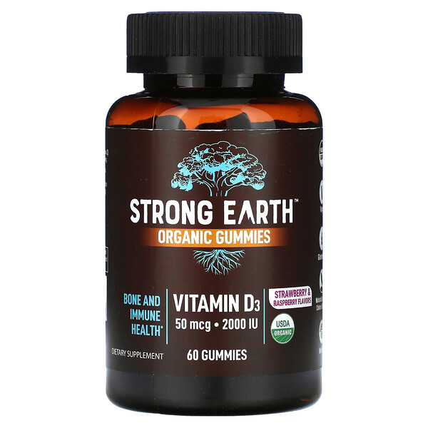 Органические жевательные конфеты Strong Earth, витамин D3, клубника и малина, 2000 МЕ, 60 жевательных таблеток (25 мкг (1000 МЕ) на жевательную резинку) Yum V's