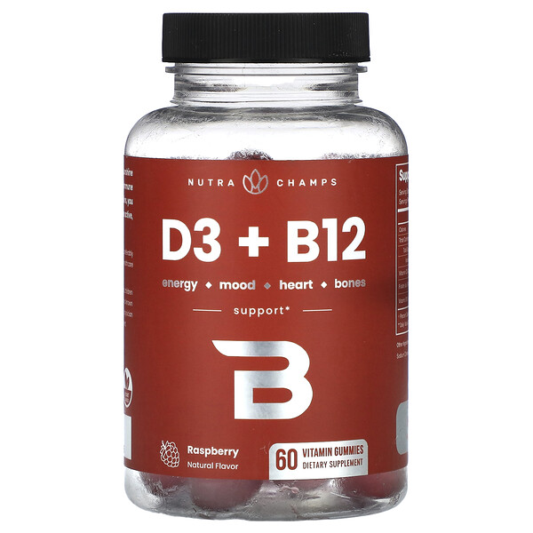 D3 + B12, малина, 60 жевательных конфет с витаминами NutraChamps