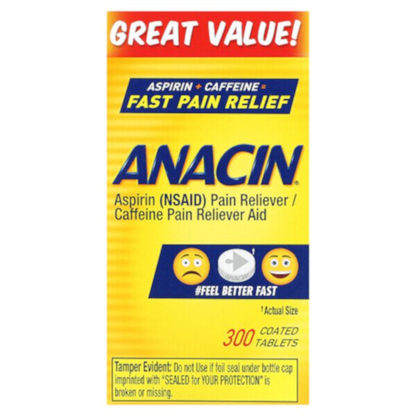 Обезболивающее аспирин + кофеин, 300 таблеток, покрытых оболочкой Anacin