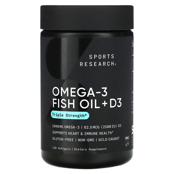 Рыбий жир омега-3 + D3, тройная сила, 1040 мг и 62,5 мкг (2500 МЕ), 120 мягких таблеток Sports Research