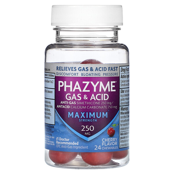 Gas & Acid, максимальная сила, вишня, 24 жевательных конфеты Phazyme