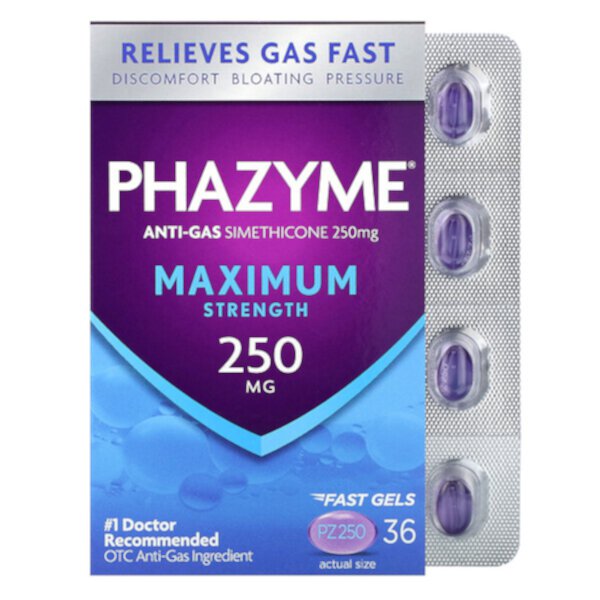Anti-Gas, Максимальная сила, 250 мг, 36 быстрых гелей Phazyme