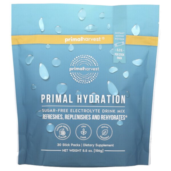 Primal Hydration, Без сахара, лимонная ягода, 30 пакетиков в стиках, 5,5 унций (156 г) Primal Harvest