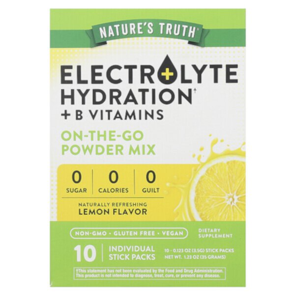 Electrolyte Hydration + витамины группы B, Порошковая смесь, которую можно взять с собой, лимон, 10 отдельных пакетиков по 0,123 унции (3,5 г) каждый Nature's Truth