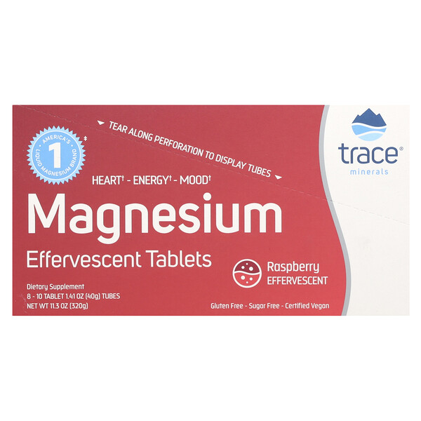 Шипучие таблетки Магний, малина, 8 тюбиков по 10 таблеток в каждом Trace Minerals Research