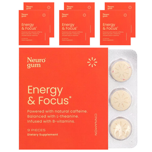 Energy & Focus, Корица, 6 упаковок по 9 штук в каждой NeuroGum