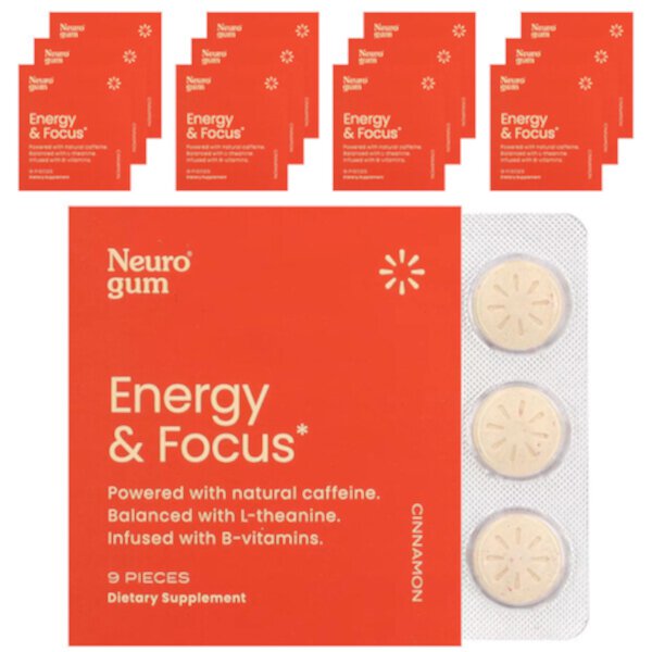 Energy & Focus, Корица, 12 штук в упаковке, по 9 штук в каждой NeuroGum