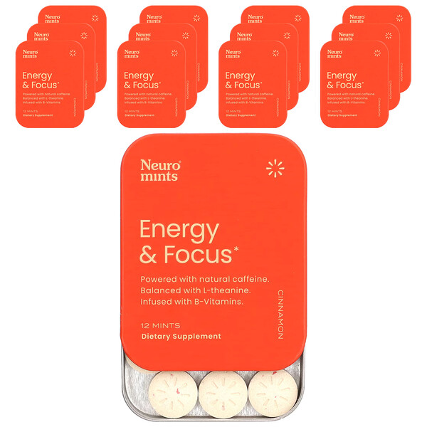 NeuroMints, Energy & Focus, корица, 12 штук в упаковке, по 12 штук в каждой NeuroGum