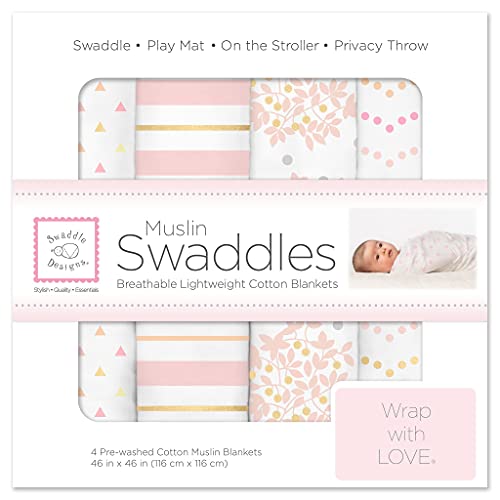 SwaddleDesigns Cotton Muslin Swaddle Blankets for Baby Boy & Baby Girl, Set of 4, Neutral Receiving Blankets for Newborn, Baby Registry & Gift, 46x46 inches, Cascadia SwaddleDesigns