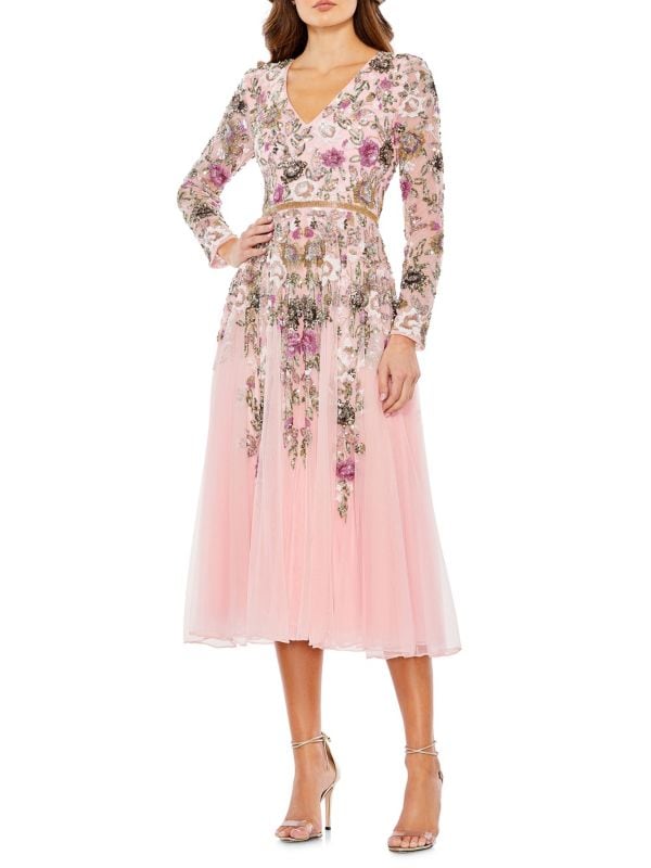 Платье миди с цветочным принтом и бисером MAC DUGGAL