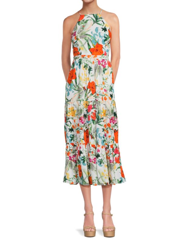 Многоярусное платье миди из смесового льна с цветочным принтом Saks Fifth Avenue