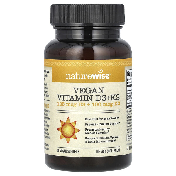 Веганский витамин D3 + K2 - 60 веганских мягких капсул - NatureWise NatureWise