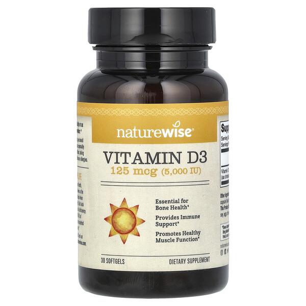 Витамин D3, 125 мкг (5000 МЕ), 30 мягких таблеток NatureWise