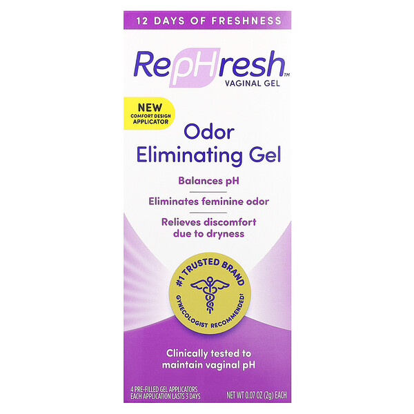 Vaginal Gel, Odor Eliminating Gel, 4 Pre-Filled Gel Applicators, 0.07 oz (2 g) Each Rephresh