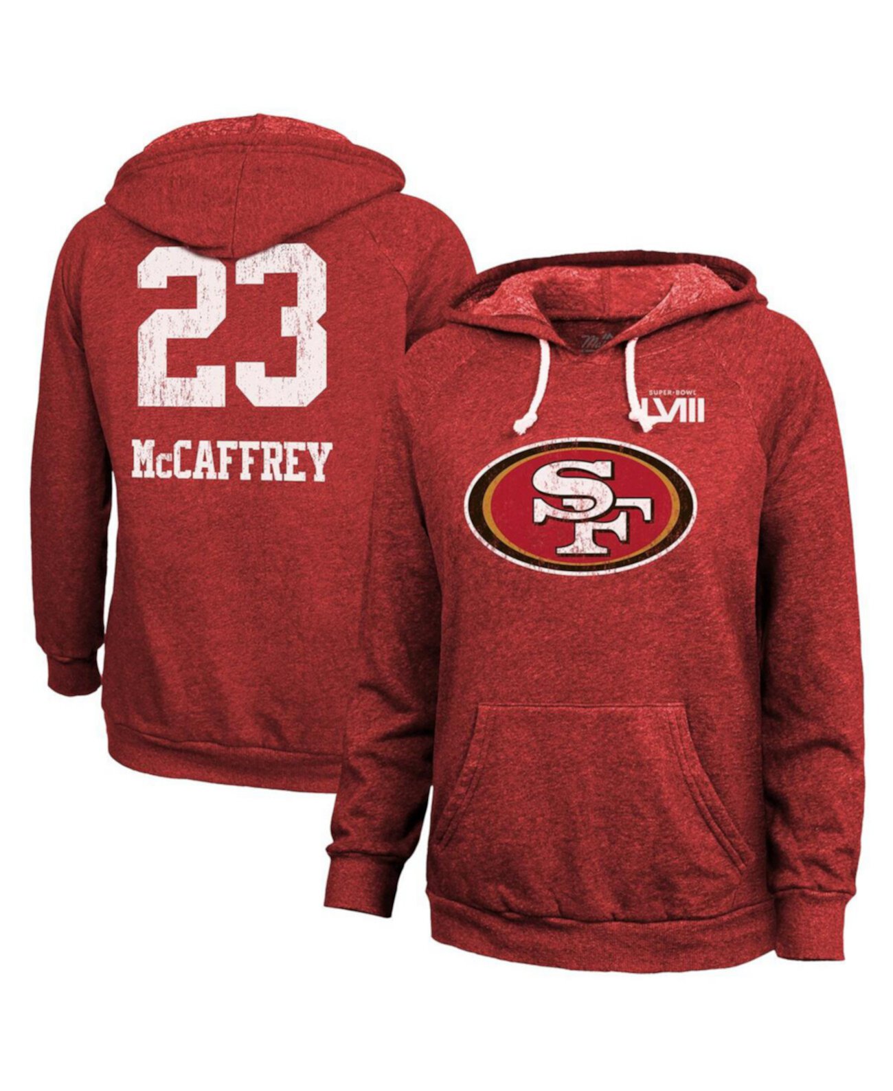 Женские нитки Christian McCaffrey Scarlet Сан-Франциско 49ers Super Bowl LVIII Имя и номер Пуловер с капюшоном из трех смесей Majestic