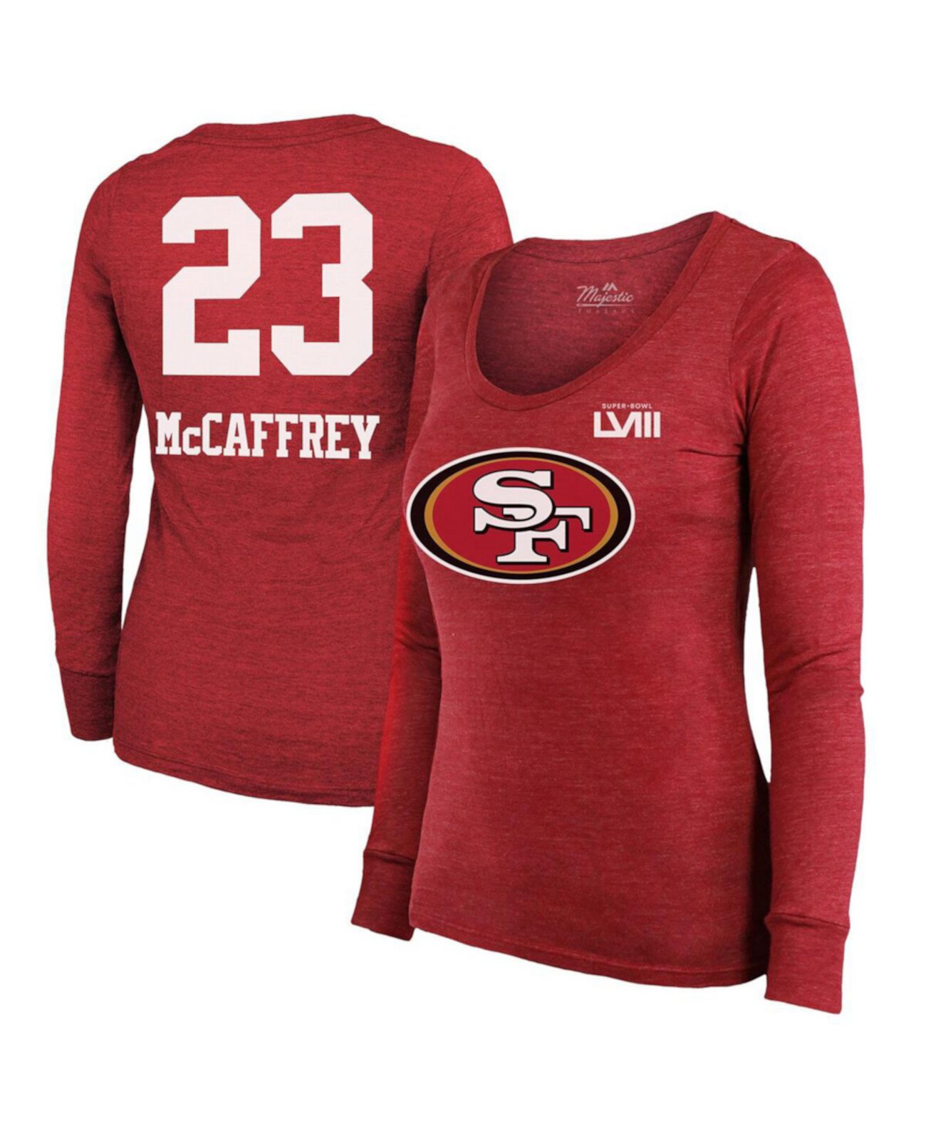 Женские нитки Christian McCaffrey Scarlet San Francisco 49ers Super Bowl LVIII, имя и номер, футболка Tri-Blend с длинными рукавами Majestic