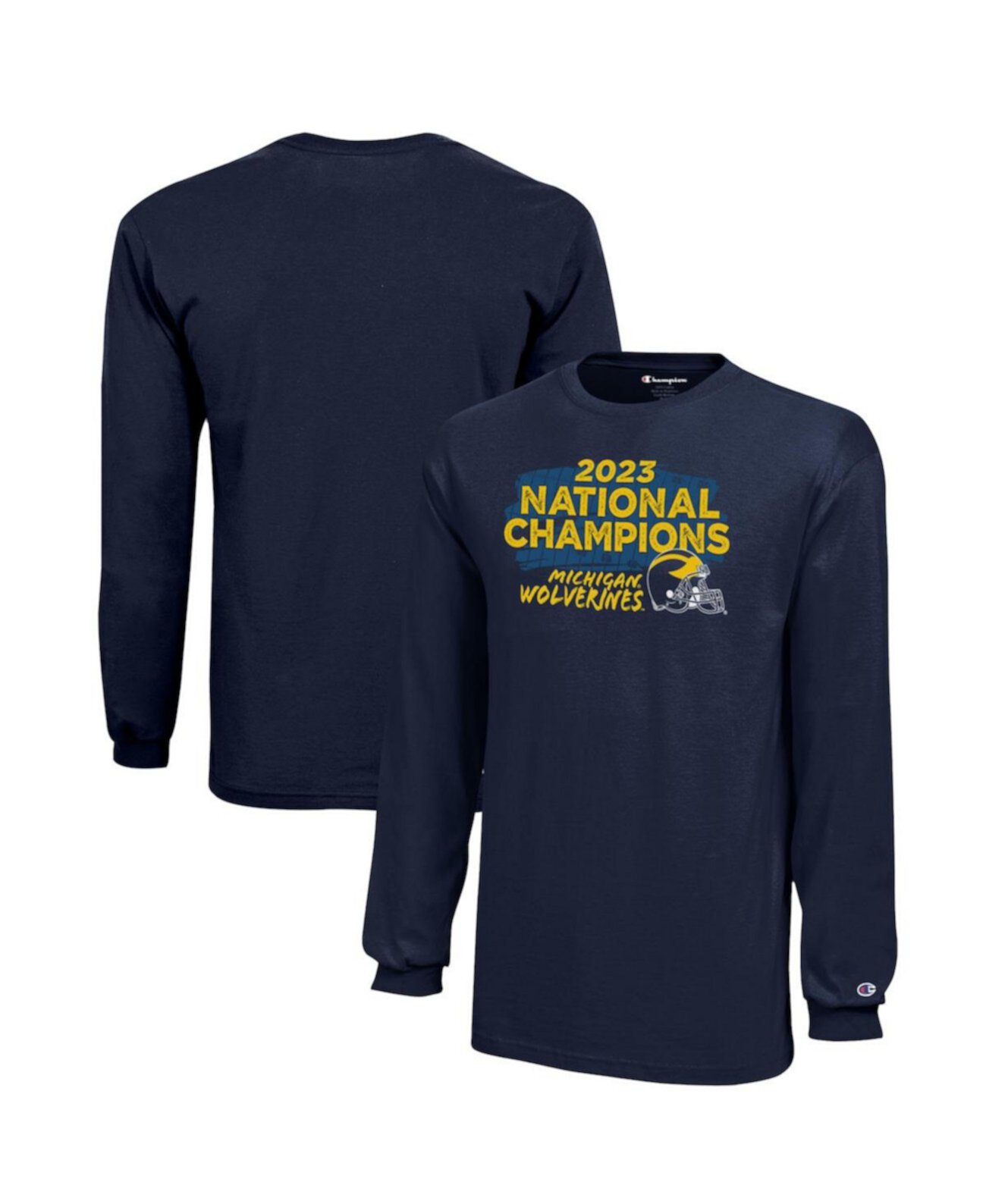 Молодежная футболка с длинными рукавами «Национальные чемпионы» плей-офф колледжа «Мичиган Росомахи» 2023 года Champion