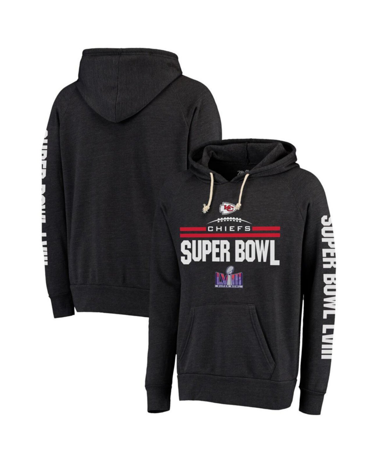 Мужской пуловер с капюшоном из трехслойной ткани Heather Black Kansas City Chiefs Super Bowl LVIII Majestic