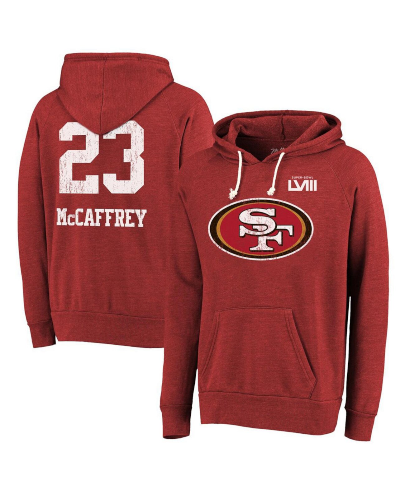 Мужские нитки Christian McCaffrey Scarlet Distressed San Francisco 49ers Super Bowl LVIII Имя и номер Пуловер с капюшоном из трех смесей Majestic