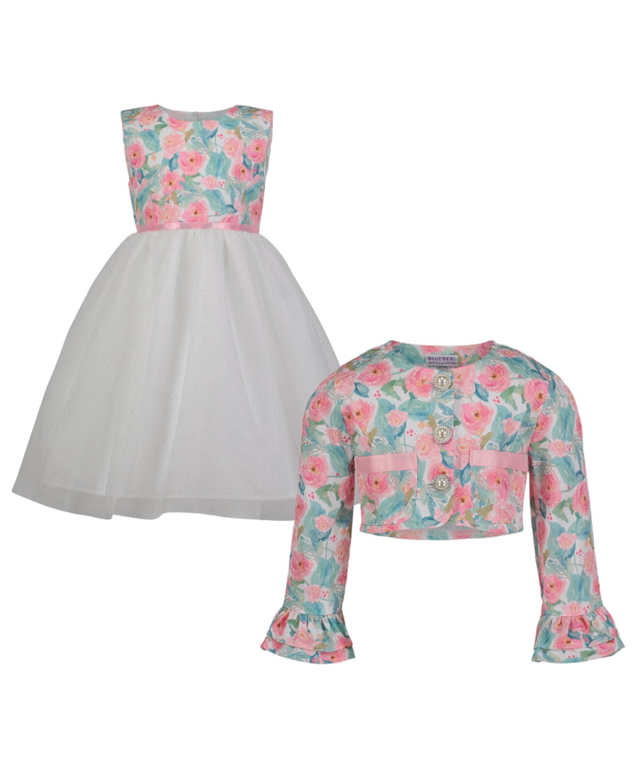 Комплект из расклешенного платья и укороченной куртки с цветочным принтом для малышей и маленьких девочек Blueberi Boulevard