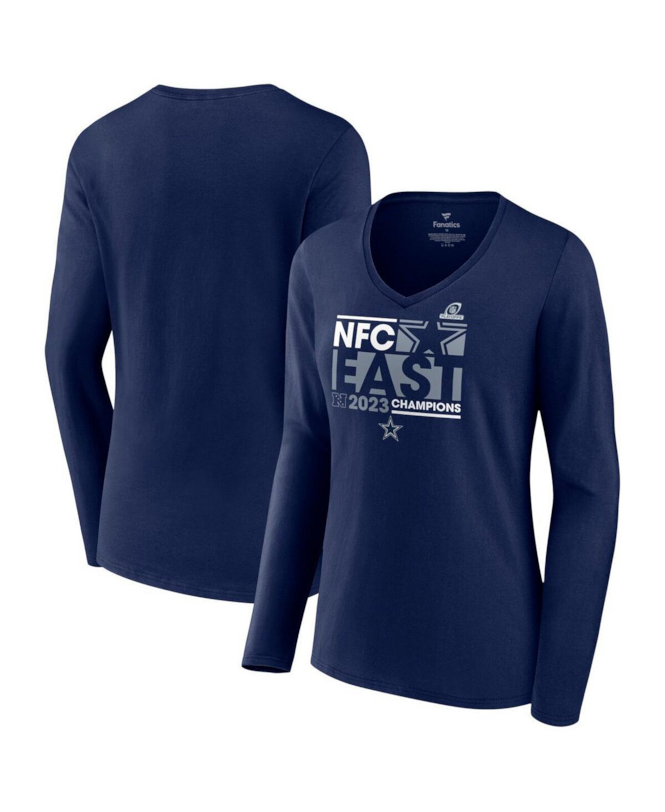 Женская темно-синяя футболка с длинными рукавами и v-образным вырезом Dallas Cowboys 2023 NFC East Division Champions Conquer Fanatics