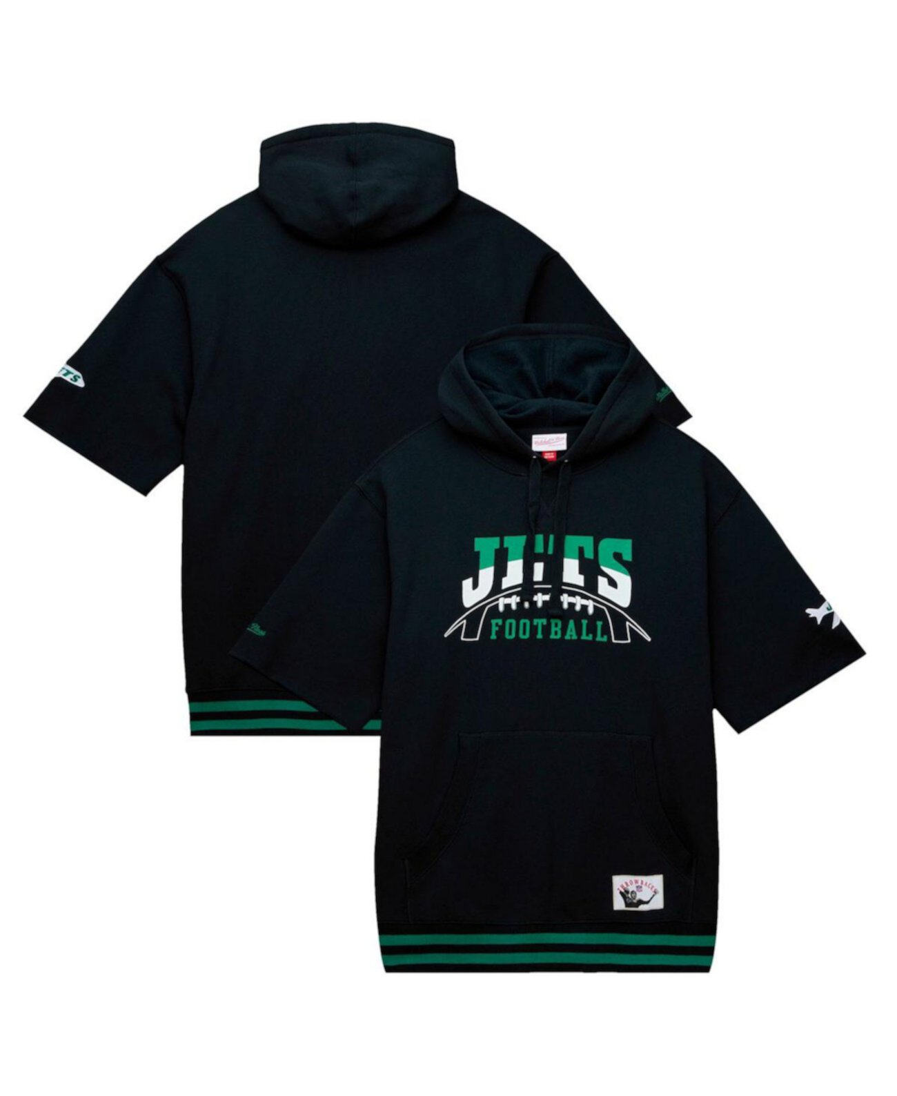 Мужской черный пуловер с капюшоном с короткими рукавами New York Jets перед игрой Mitchell & Ness