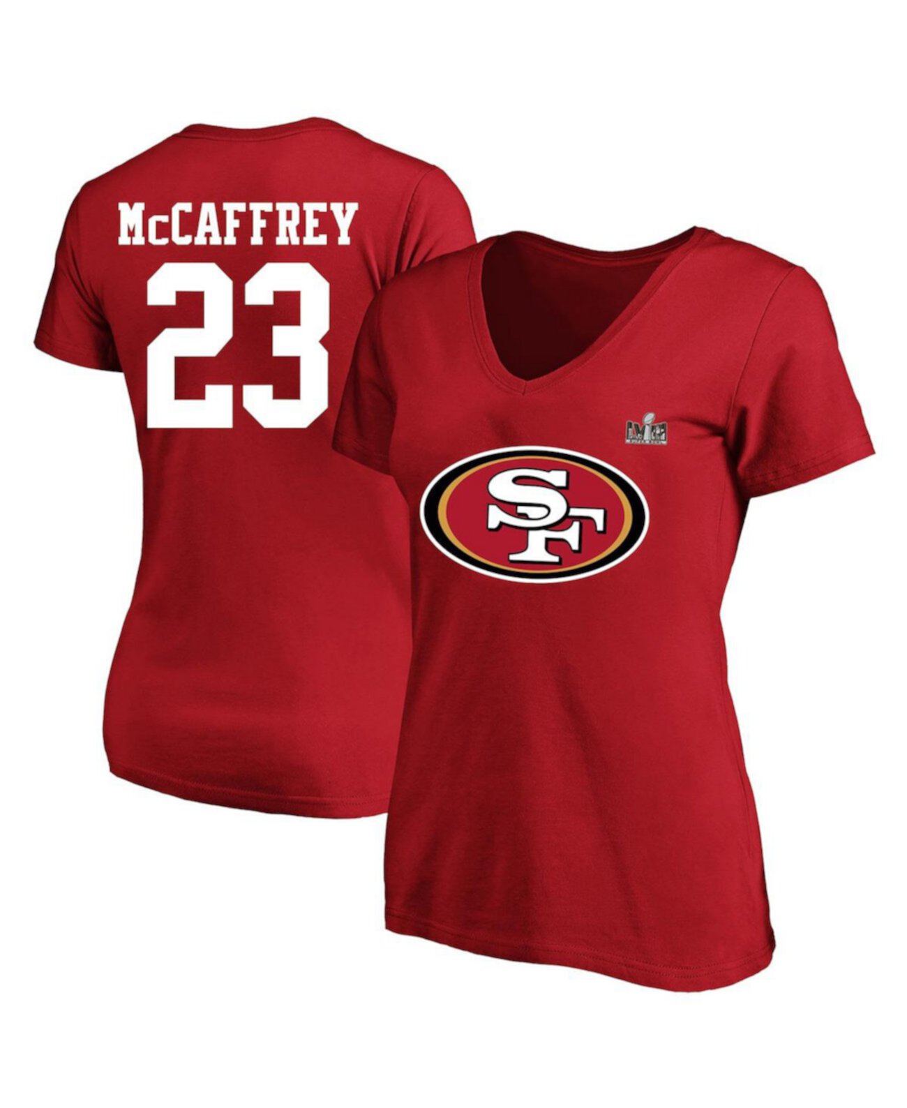 Женская футболка Christian McCaffrey Scarlet San Francisco 49ers Super Bowl LVIII размера плюс с именем и номером игрока с v-образным вырезом Fanatics