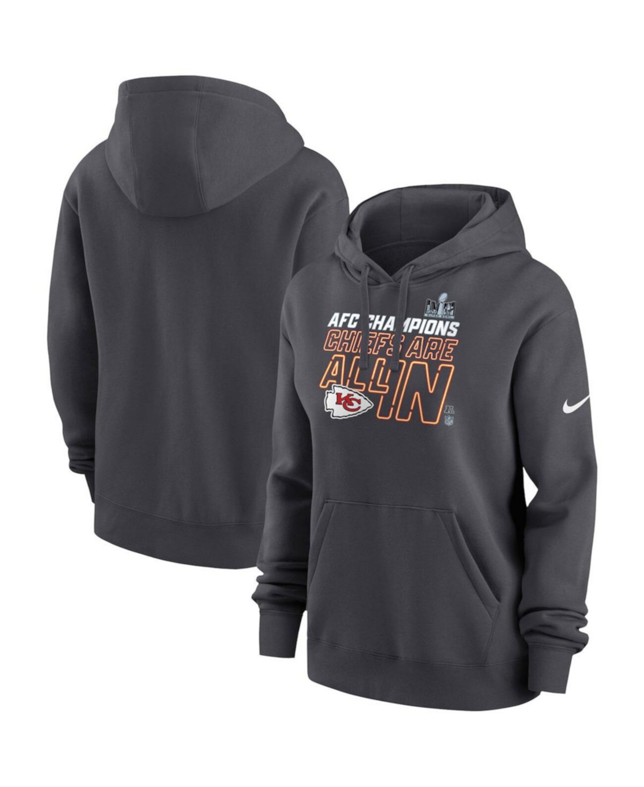 Женский пуловер с капюшоном Kansas City Chiefs 2023 AFC Champions Locker Room Trophy Collection антрацитового цвета Nike