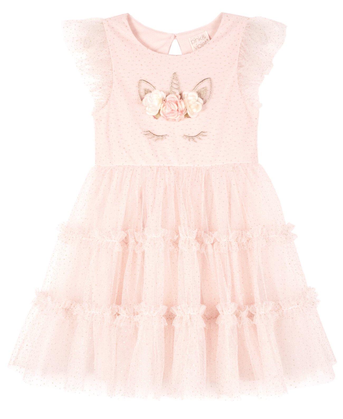 Трехуровневое блестящее сетчатое платье с вышивкой единорога для маленьких девочек с люрексом Pink & Violet