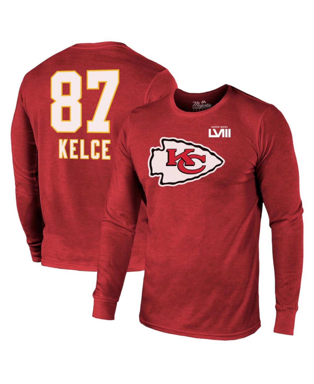 Мужская футболка с длинными рукавами Travis Kelce Red Kansas City Chiefs Super Bowl LVIII, имя и номер, футболка Tri-Blend Majestic