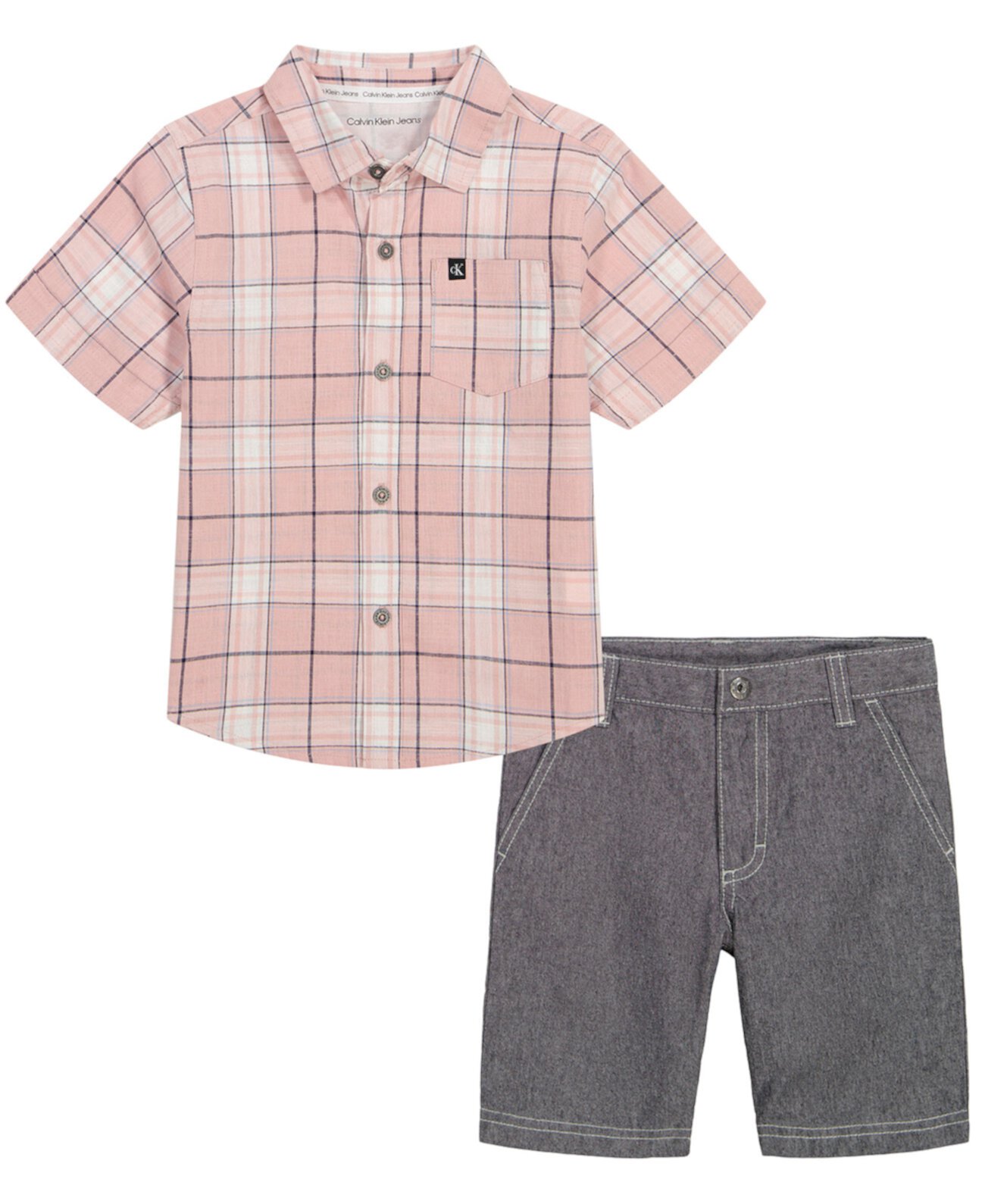 Рубашка на пуговицах с короткими рукавами в клетку и шорты из твила Little Boys, комплект из 2 предметов Calvin Klein