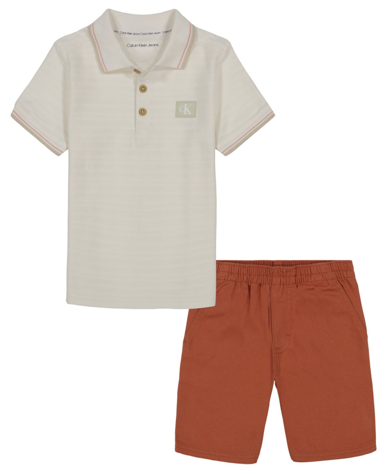 Рубашка-поло с короткими рукавами с узором «елочка» для маленьких мальчиков и саржевые шорты, комплект из 2 предметов Calvin Klein