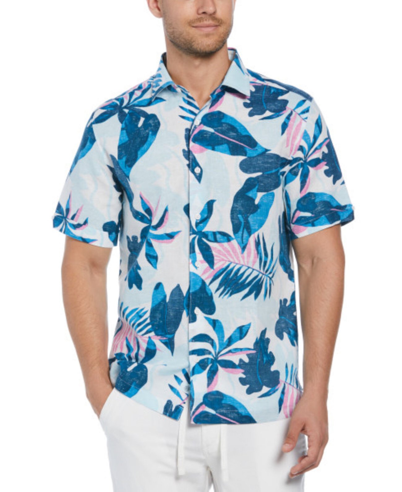 Мужская рубашка обычного кроя из смесового льна с тропическим принтом и коротким рукавом Cubavera