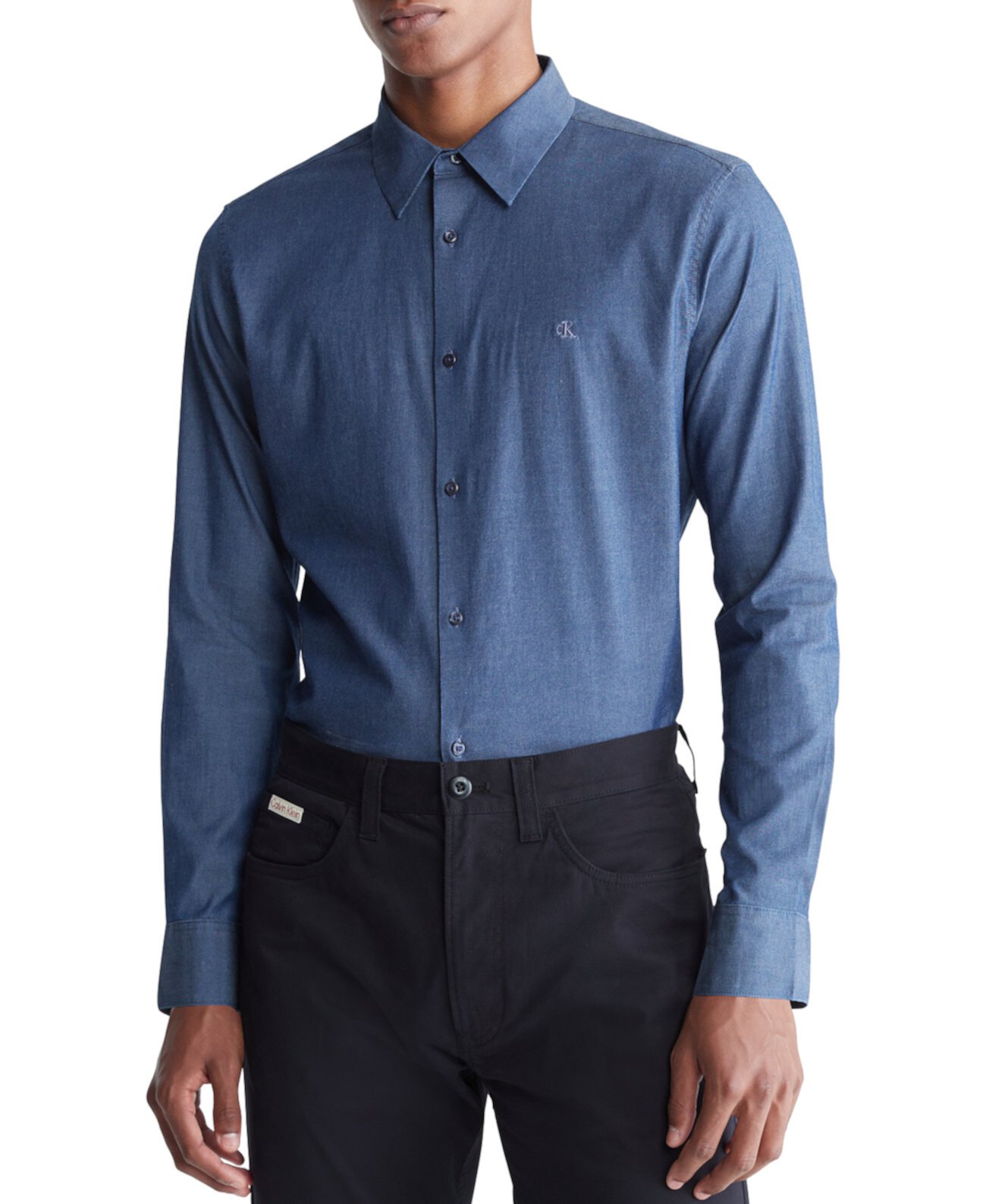 Мужская приталенная изысканная рубашка из шамбре с длинными рукавами и пуговицами спереди Calvin Klein