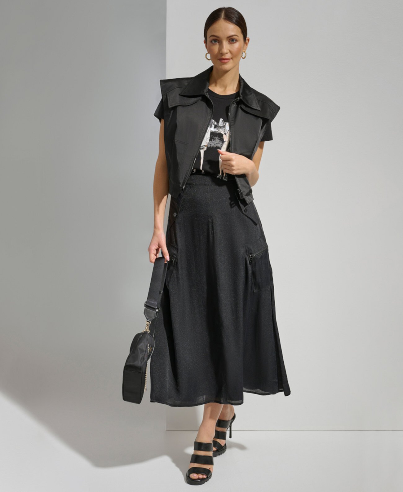 Женская юбка-миди трапециевидного силуэта из органзы с драпировкой и карго DKNY