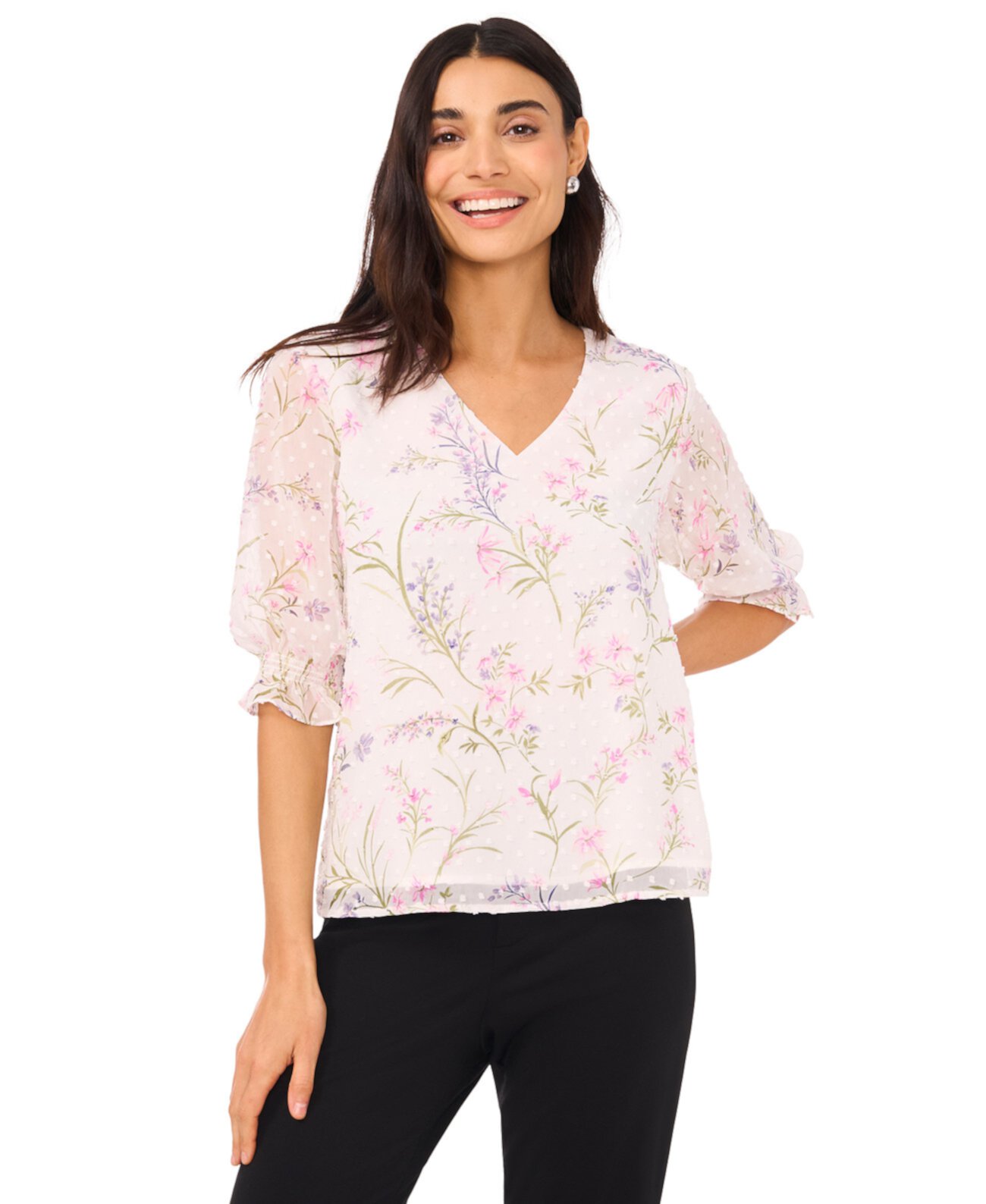 Женская блузка с v-образным вырезом и рукавами 3/4 с цветочным принтом и оборками CeCe