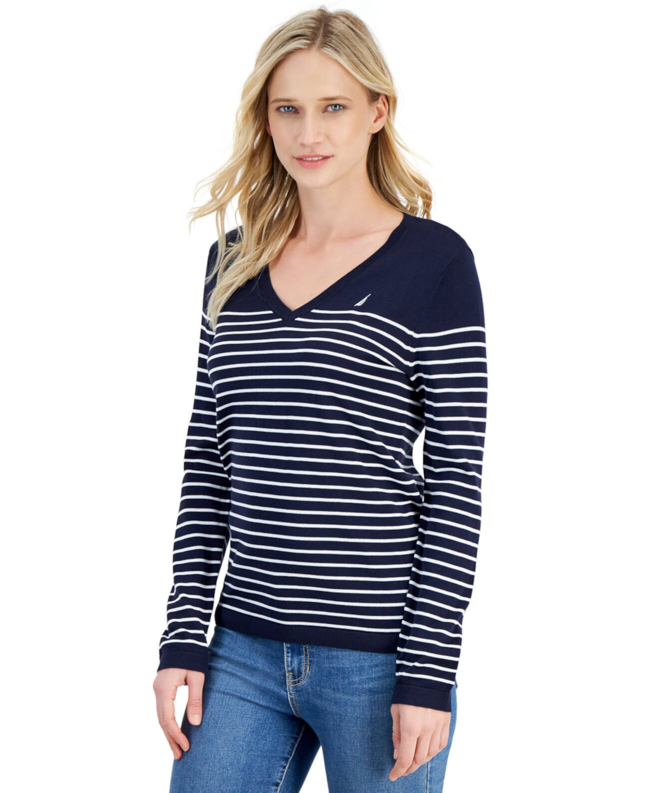 Женский свитер в матовую полоску с v-образным вырезом Nautica Jeans