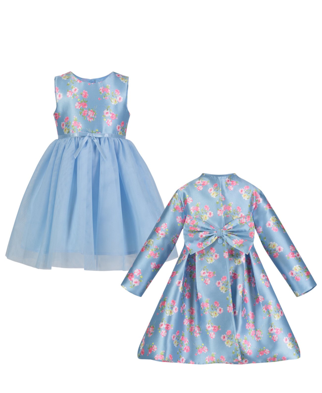 Комплект из расклешенного платья и атласного пальто с цветочным принтом для маленьких девочек Blueberi Boulevard