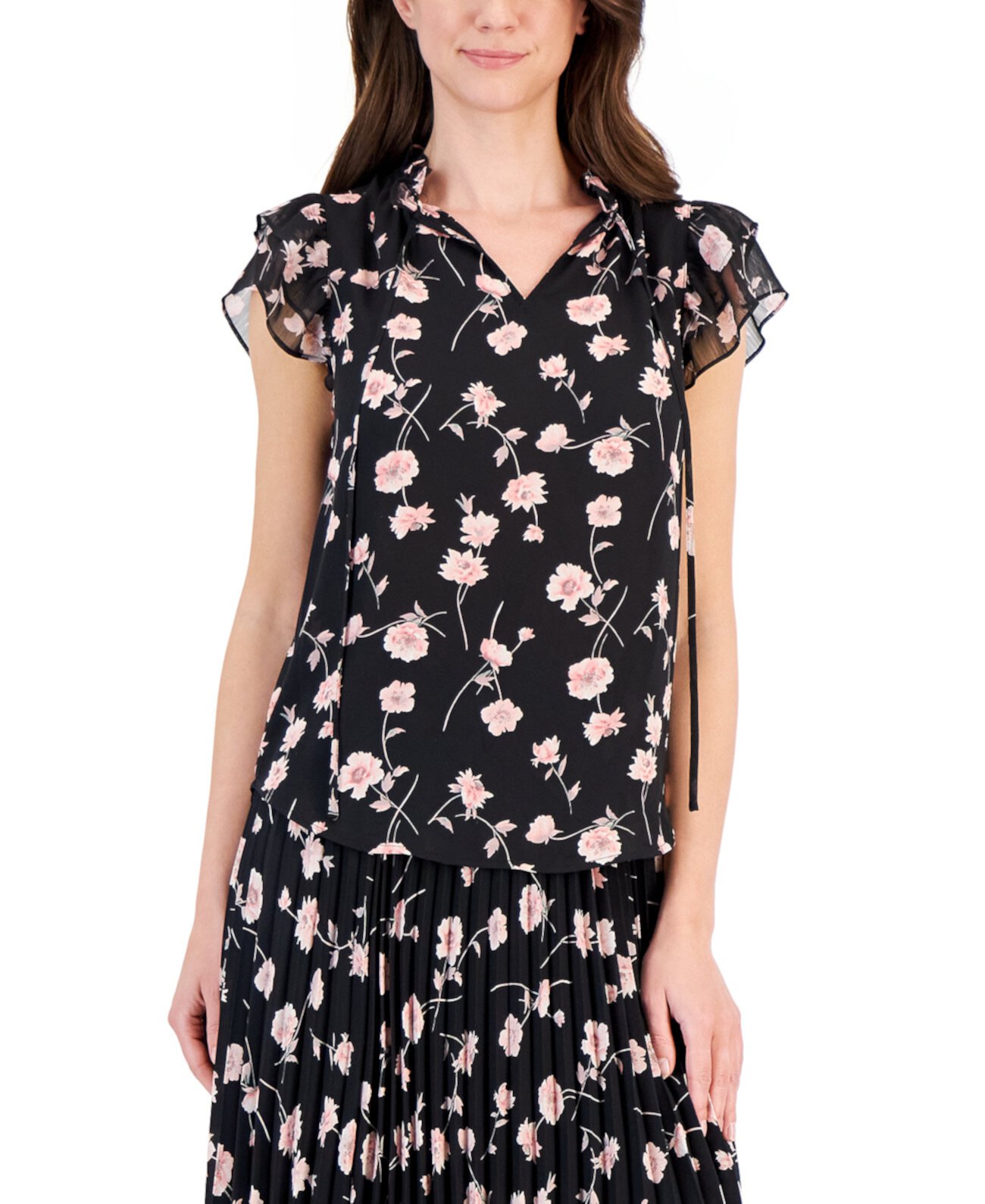 Женская блузка с развевающимися рукавами с цветочным принтом, созданная для Macy's Anne Klein