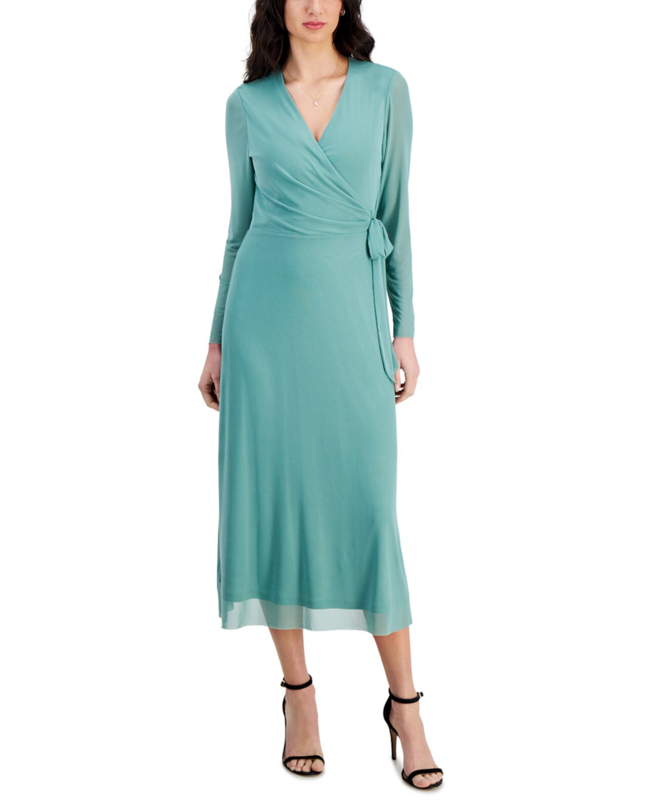 Women's Faux-Wrap Mesh-Sleeve Midi Dress Anne Klein
